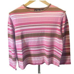 C.B. Casual Pink Brown Striped Three Quarter Sleeve Boat Neck Top Sz LP